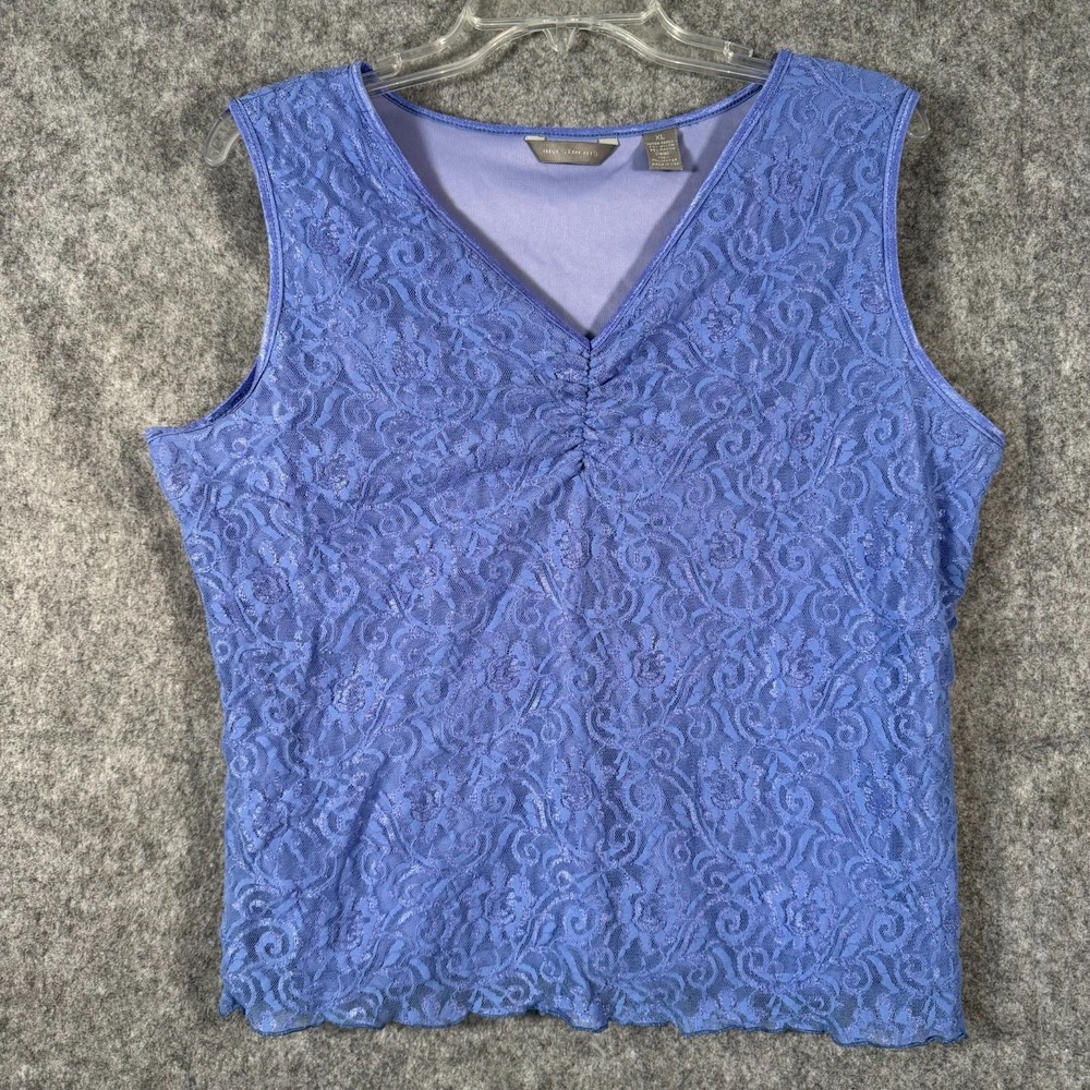 Y2K Babydoll Lace Sleeveless Top Size XL Purple Shirred Coquette Fairy Sheer USA